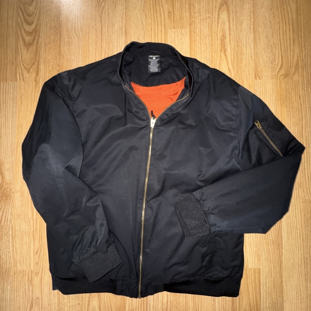 NWOT True Classic Men's Size XL Bomber Jacket Black Full Zip Orange Lined